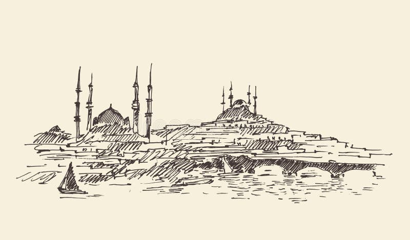 Istanbul, die Türkei, Hafen, Weinlese gravierte Skizze