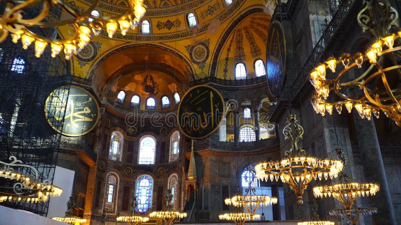 ISTANBUL - 05, June 2017: Hagia Sophia Museum in Istanbul, Turkey. 4K Interior video of Aya Sophia. Beautiful chandeliers in the m