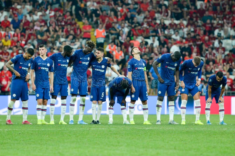 Istanbul, Turkey - August 14, 2019: Chelsea Football players awaiting a penalty shootout during the UEFA Super Cup Finals match stock photo Istanbul, Turkey - August 14, 2019: Chelsea Football players awaiting a penalty shootout during the UEFA Super Cup Finals match stock photo