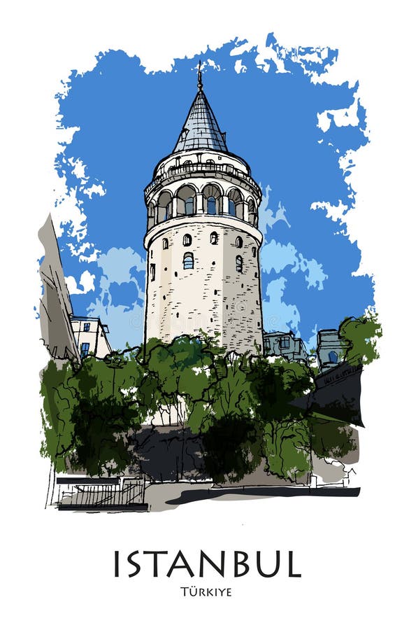 ISTANBUL, TURKEY: Galata tower. Hand drawn sketch