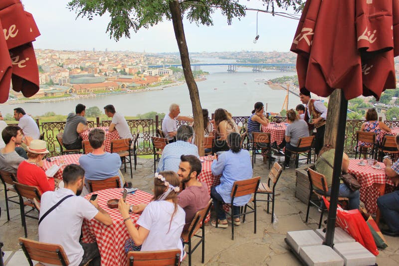 Istanbul, Turkey - June 8, 2017: Istanbul Cafe Pierre Loti with a lot of people and cityscape