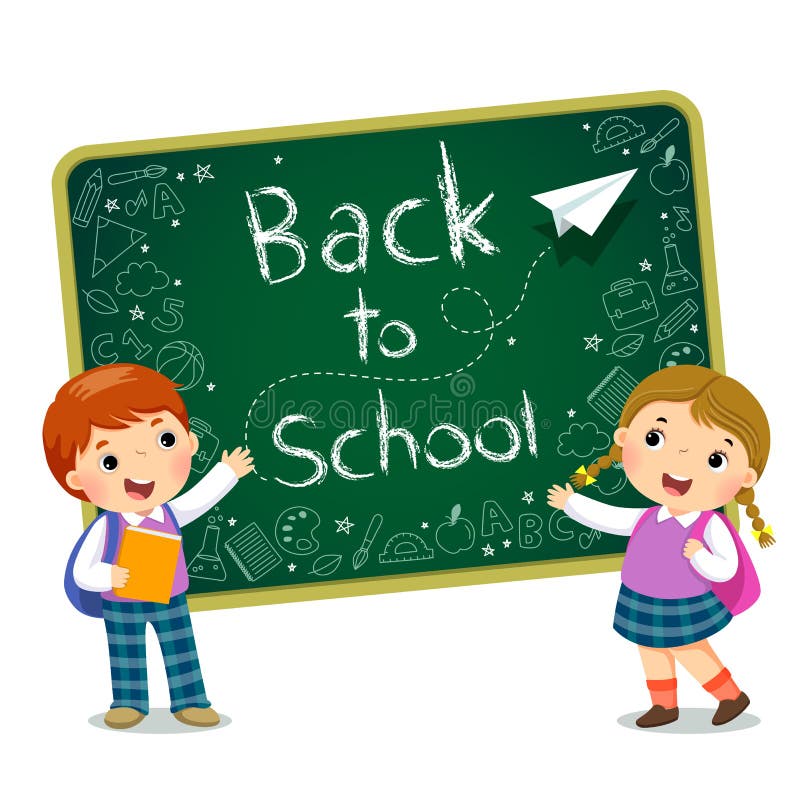 Istruisca i bambini con testo di nuovo alla scuola sulla lavagna illustrazione di stock Istruisca i bambini con testo di nuovo alla scuola sulla lavagna illustrazione di stock