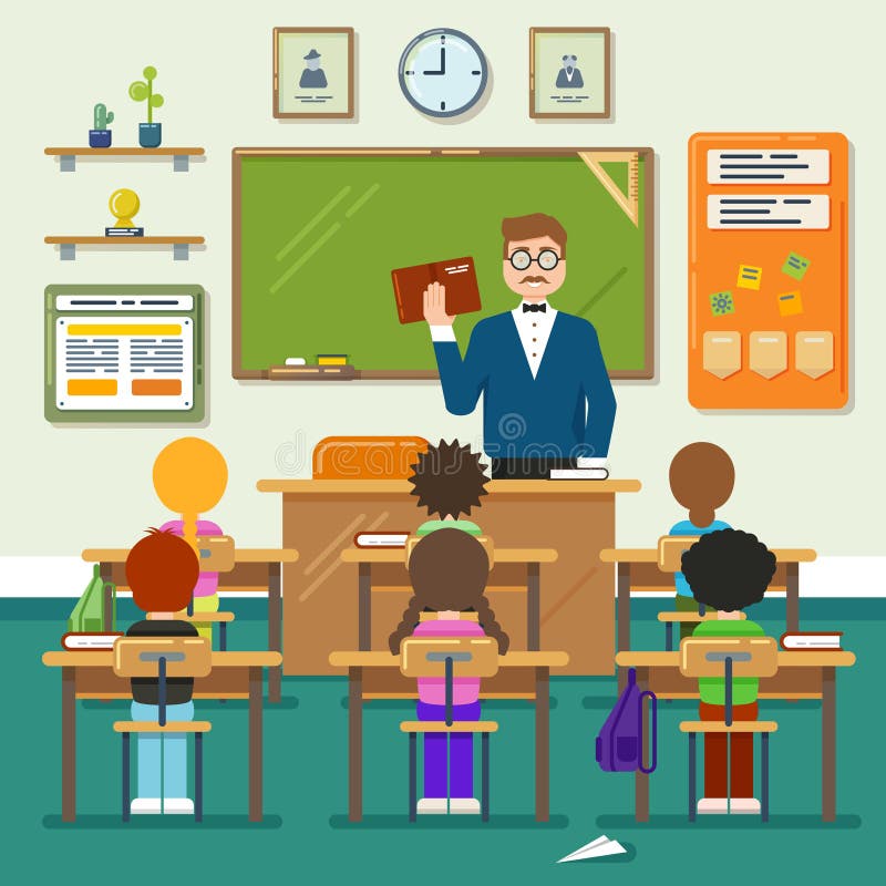 Istruisca l'aula con lo scolaro, gli allievi e gli insegnanti Illustrazione piana di vettore illustrazione di stock Istruisca l'aula con lo scolaro, gli allievi e gli insegnanti Illustrazione piana di vettore illustrazione di stock