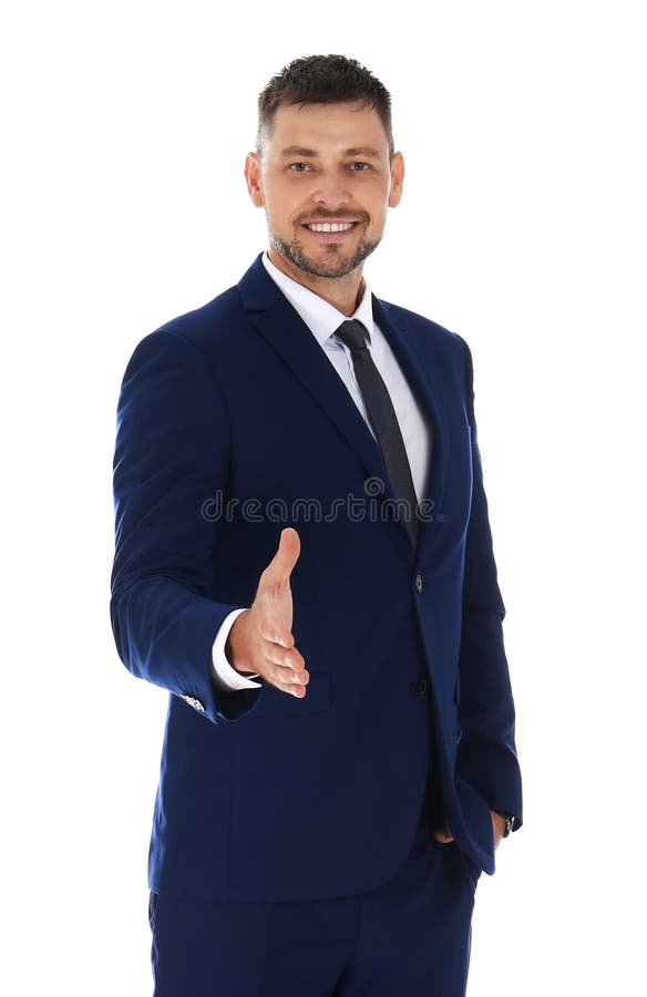 Istruttore professionale di affari per la stretta di mano su fondo bianco immagine stock libera da diritti Istruttore professionale di affari per la stretta di mano su fondo bianco immagine stock libera da diritti