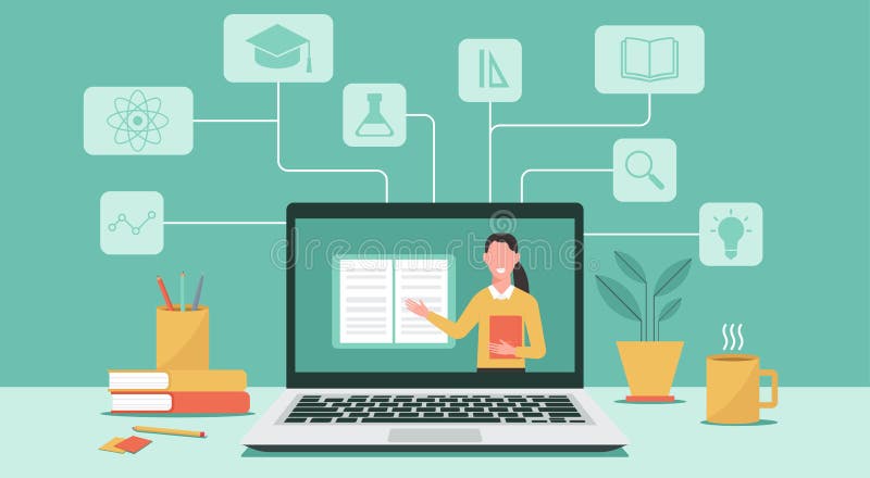 Istruzione online o apprendimento di un'insegnante di casa di una donna che insegna sullo schermo del computer portatile royalty illustrazione gratis
