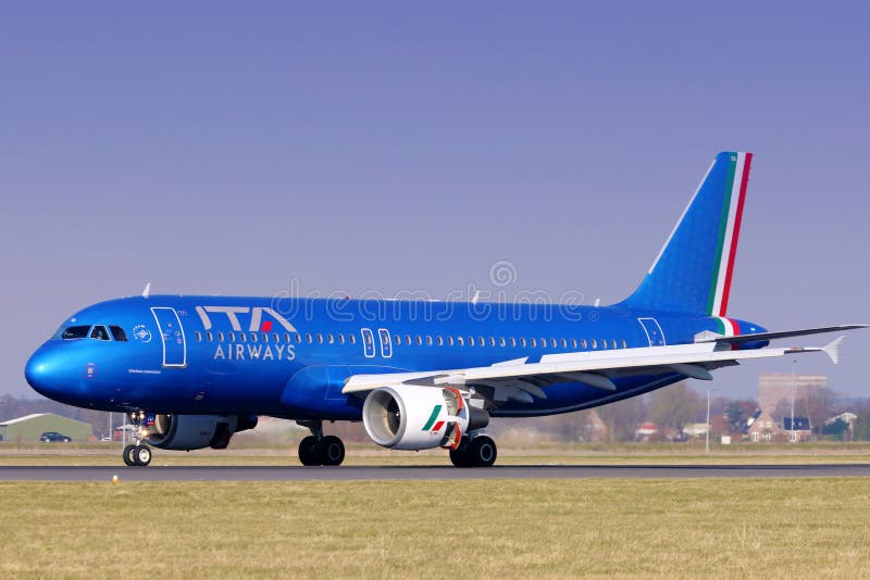 ITA Airways new livery aircraft taxiing on airport Amsterdam Schiphol, Airbus