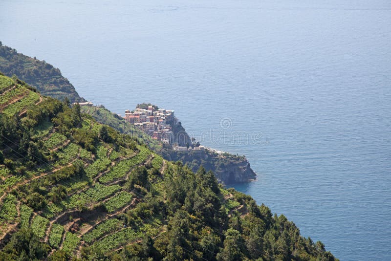 Italia Cinque Terre Riomaggiore Vista dal mare immagini stock libere da diritti