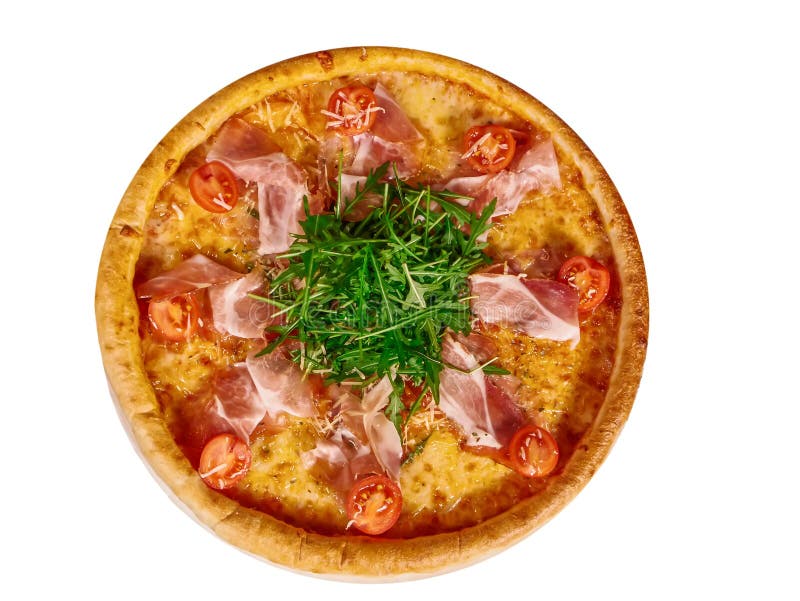 Italiaanse pizza met ham, tomaten en kruiden op een geïsoleerde achtergrond voor het menu stock foto's Italiaanse pizza met ham, tomaten en kruiden op een geïsoleerde achtergrond voor het menu stock foto's