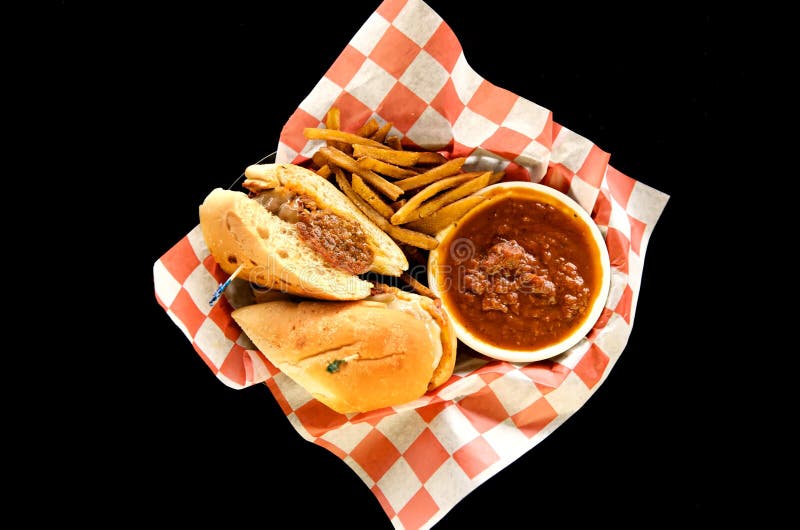 Image of shredded beef hoagie with sides. Image of shredded beef hoagie with sides