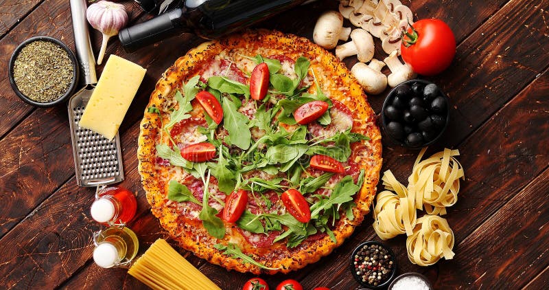 Italiaanse voedselachtergrond met pizza, ruwe deegwaren en groenten op houten lijst royalty-vrije stock afbeeldingen Italiaanse voedselachtergrond met pizza, ruwe deegwaren en groenten op houten lijst royalty-vrije stock afbeeldingen