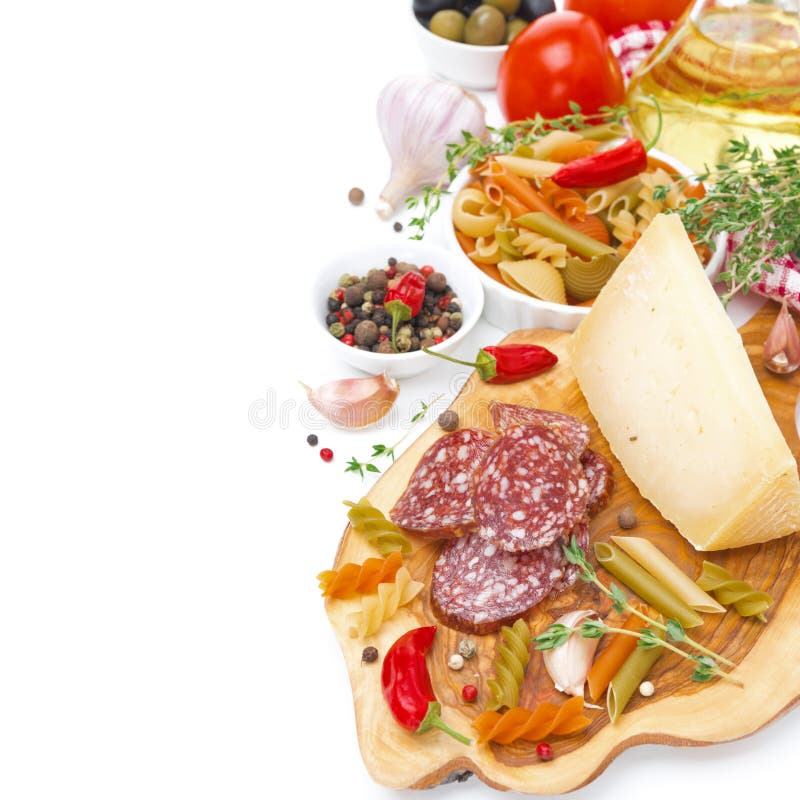 Italiaanse voorgerechten - kaas, worst, deegwaren, kruiden, tomaten royalty-vrije stock fotografie Italiaanse voorgerechten - kaas, worst, deegwaren, kruiden, tomaten royalty-vrije stock fotografie