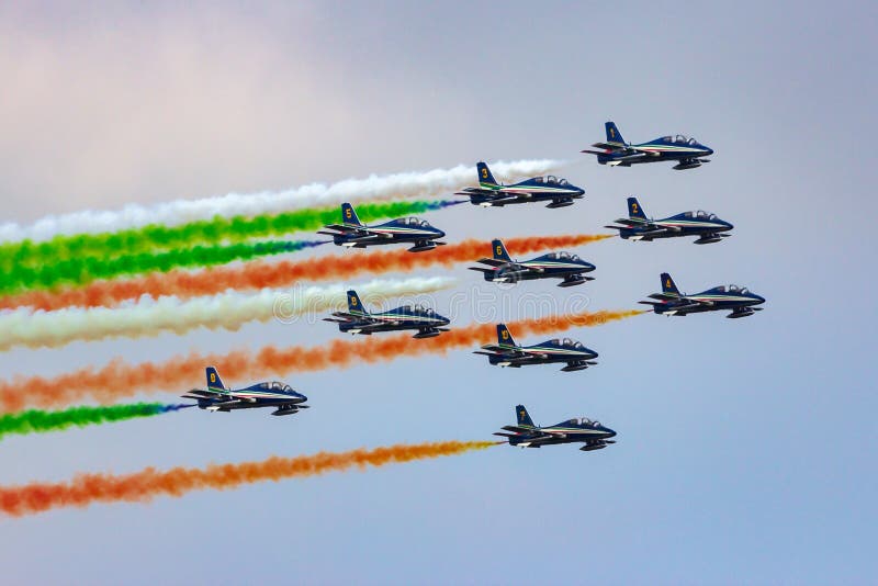 Italian Air Force aerobatic demonstration team Frecce Tricolori in their Aermacchi MB339 jet aircraft performing at the Kleine-