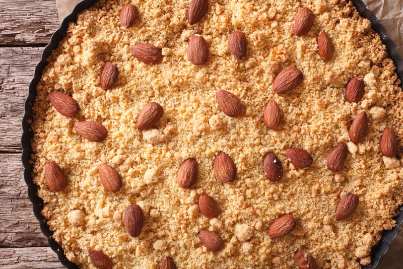 Italian almond cake Sbrisolona close up in baking dish. horizon