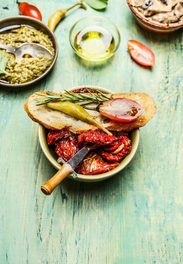 Italian Antipasto Snack with Ciabatta Bread Pesto, Tomatoes and ...