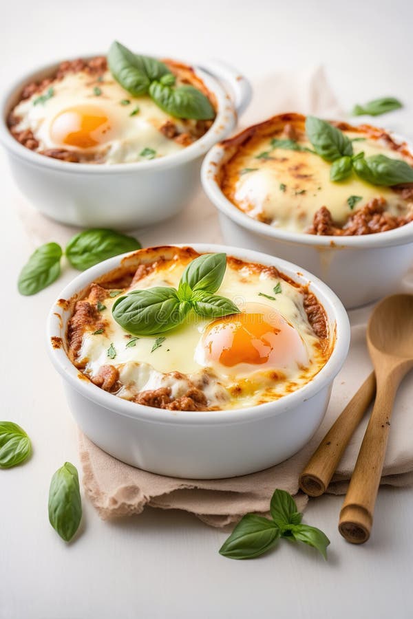 Italian Baked Eggs with Meat and Cheese Decorated with Basil. Stock