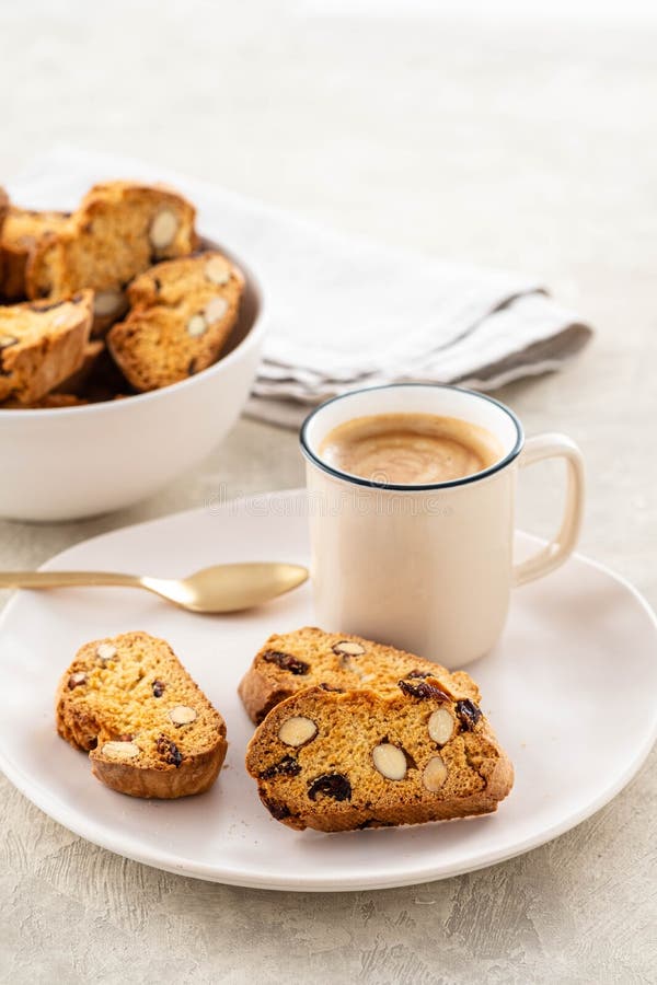 Italian Biscotti Cookies with a Cup of Coffee on a Light Background