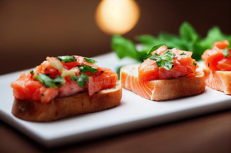 Italian Bruschetta with Bread, Salmon Fish and Greens on Table. Stock
