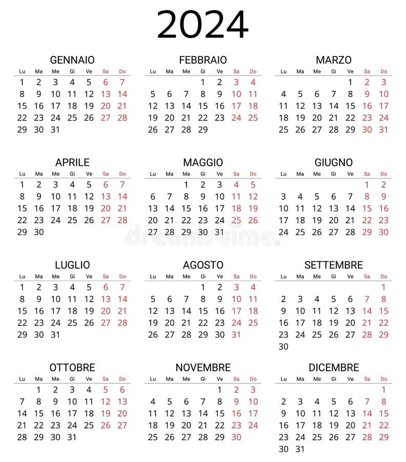 2024 Italian Calendar Printable Editable Vector Illustration For
