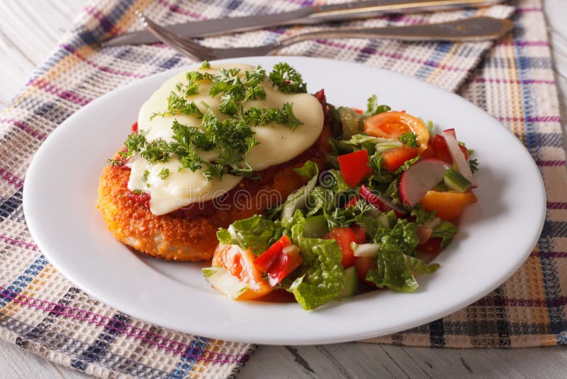 Italian chicken Parmigiana and fresh vegetable salad close-up on the table. Horizontal. Italian chicken Parmigiana and fresh vegetable salad close-up on the table. Horizontal