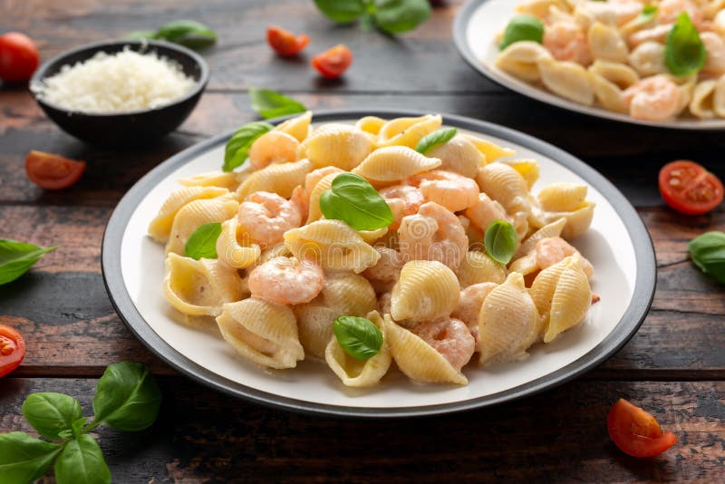 Italian Conchiglie Prawn, Shrimp Pasta in a Creamy Sauce on Plate