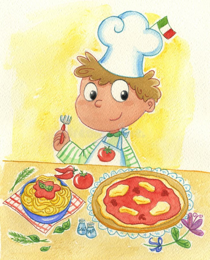 Akvarel na usmívající se velmi mladý italský šéfkuchař s pizza a špagety.