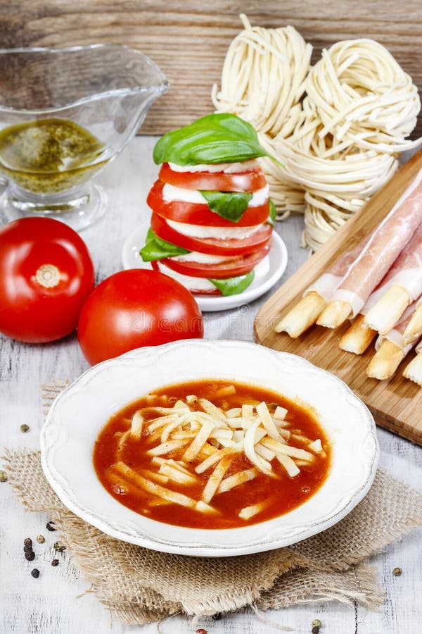 Italian Cuisine Tomato Soup, Breadsticks Stock Image Image of herb, appetizing 38590607