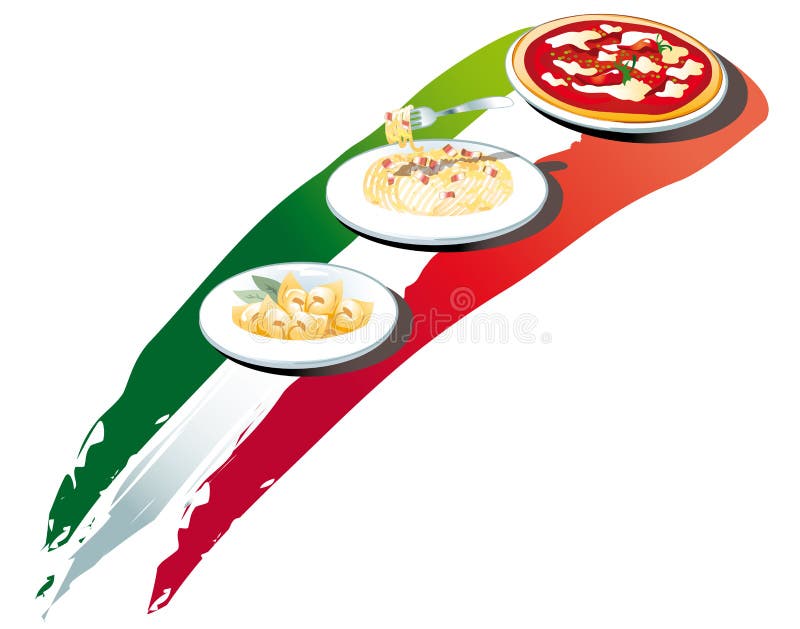 Three typical italian dishes, Tortellini from Bologna, Carbonara from Rome and Pizza from Napoli, on a stylized flag. Suitable for logo, web site, banner or other projects. Vector illustration. Eps file available. Three typical italian dishes, Tortellini from Bologna, Carbonara from Rome and Pizza from Napoli, on a stylized flag. Suitable for logo, web site, banner or other projects. Vector illustration. Eps file available.