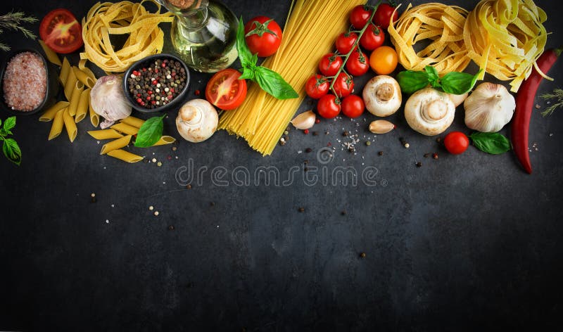 Italian Food Background with Pasta Ingredients on Dark Background, Top