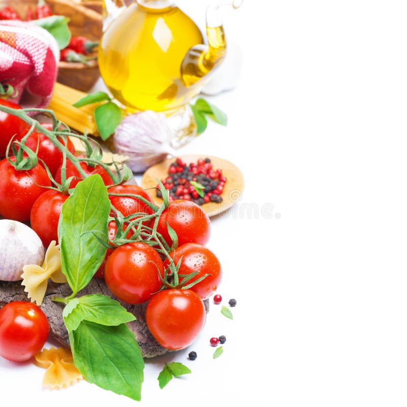 Italian food ingredients - cherry tomatoes, basil and pasta