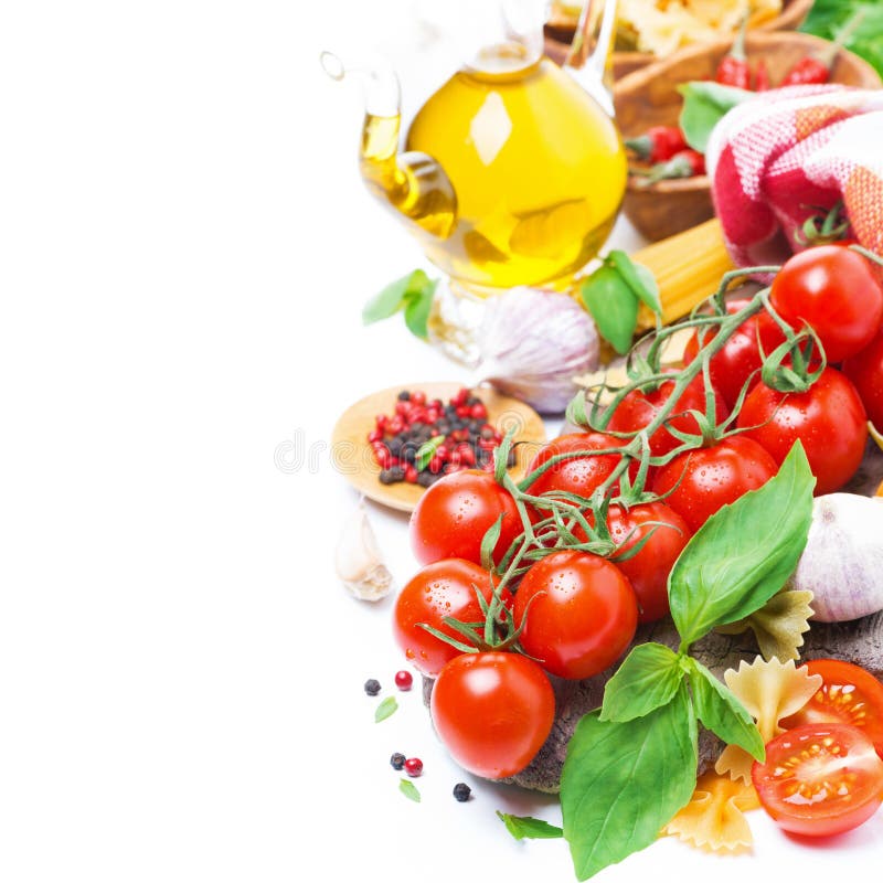 Italian food ingredients - cherry tomatoes, basil and pasta