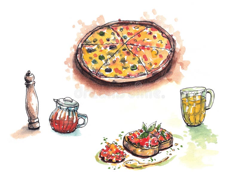 Italian food, pizza, anitipasto, pepper, chilli oil beer water color illustration royalty free illustration Italian food, pizza, anitipasto, pepper, chilli oil beer water color illustration royalty free illustration