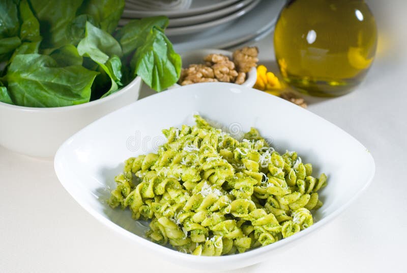 Italian fusilli pasta and pesto