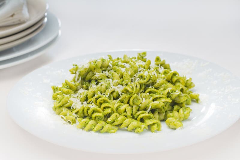 Italian fusilli pasta and pesto