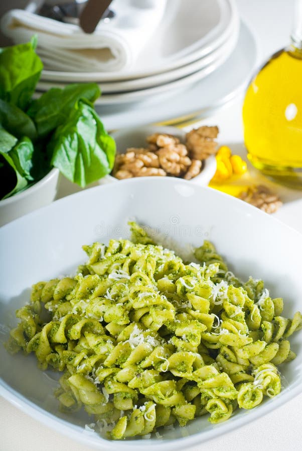 Italian fusilli pasta and pesto