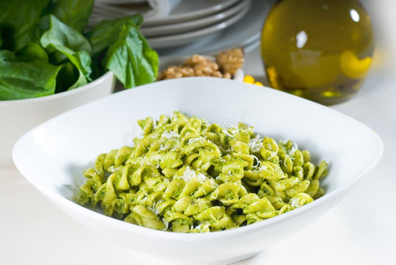 Italian fusilli pasta and pesto