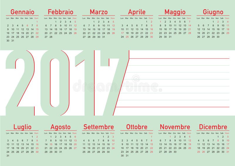 Italian language calendar 2017 horizontal