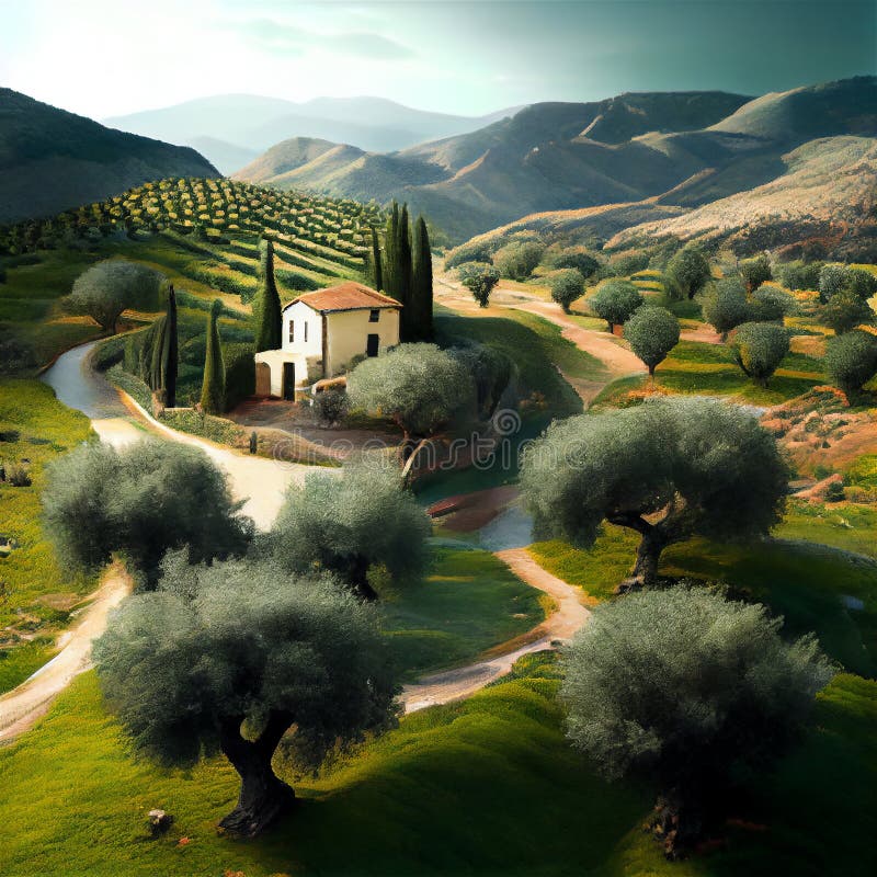 Italian Olive Farm Surrounded with Olive Trees Stock Illustration