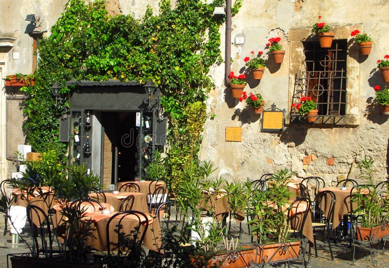 Italian Outdoor Cafe and Wine Bar Stock Photo Image of flowers, shade