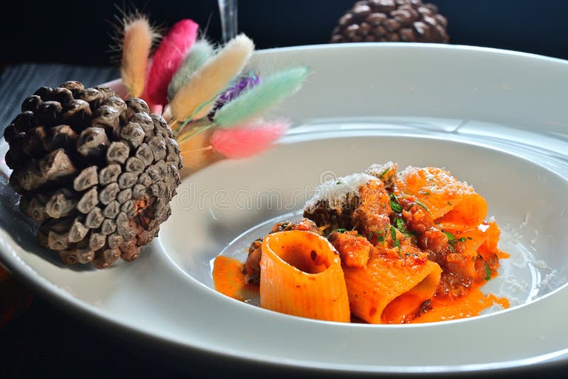 Italian Paccheri Braised short rib Ragu stock photo