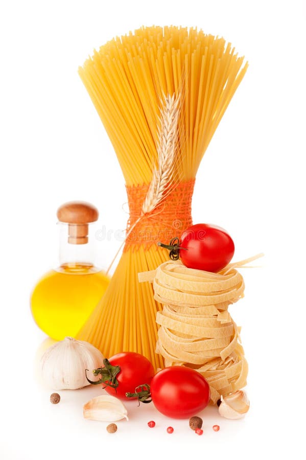 Italian pasta, a bottle of oil, tomatoes and spices