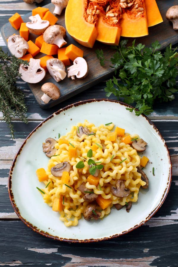 Italian Pasta Macaroni Pumpkin And Mushroom Stock Image - Image of drinks, diet: 164054041
