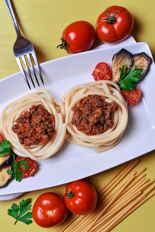 Italian Pasta with Meat in a Cafe. Dinner in the Restaurant. Pas Stock