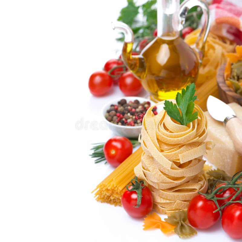 Italian pasta nests, vegetables, spices, olive oil, isolated