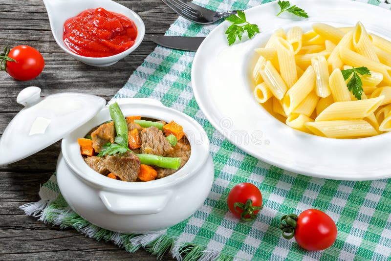 Italian Pasta Penne and Stewed Meat Stock Image Image of horizontal