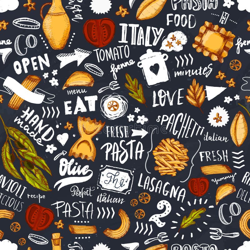 Italian pasta Seamless pattern with sketch Spaghetti, olive oil and hand drawn lettering. Template for modern menu stock illustration Italian pasta Seamless pattern with sketch Spaghetti, olive oil and hand drawn lettering. Template for modern menu stock illustration