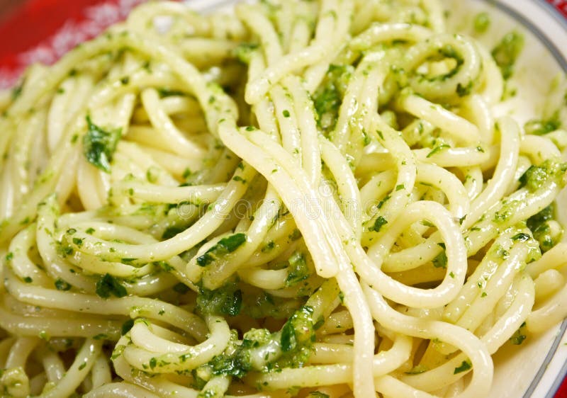 Italian pasta spaghett with Pesto Genovese. Italian pasta spaghett stock images, royalty-free photos and pictures