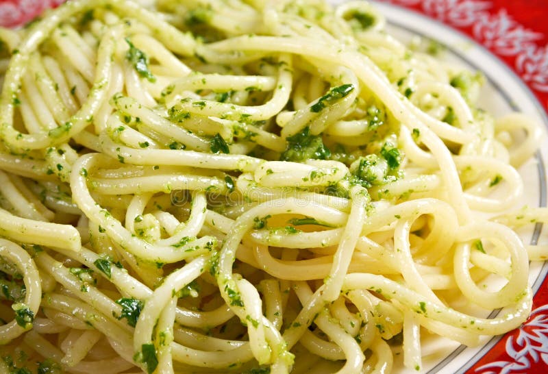 Italian pasta spaghett with Pesto Genovese. Italian pasta spaghett stock images, royalty-free photos and pictures