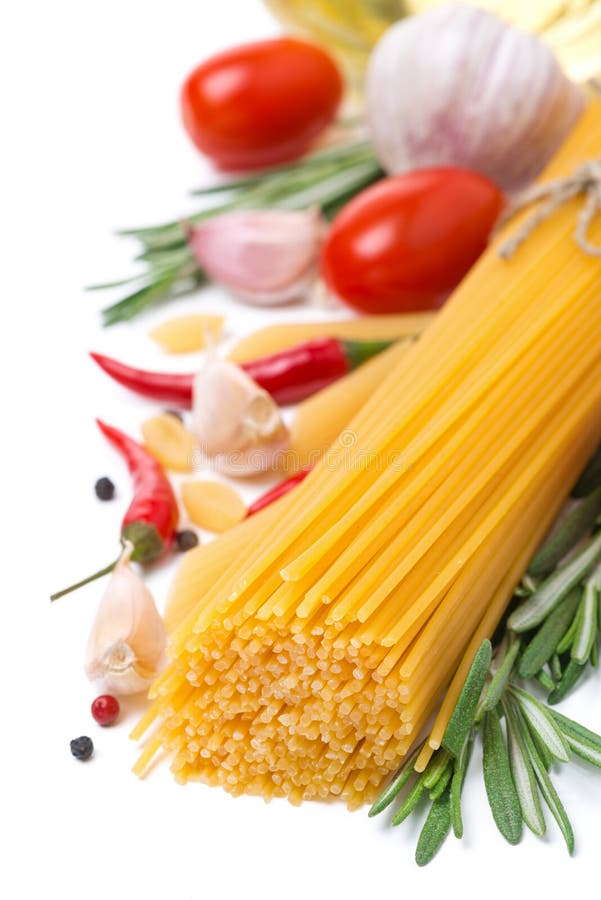 Italian pasta, spices, tomatoes and herbs, isolated