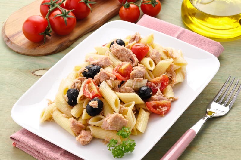 Italian Pasta with Tuna, Olives and Tomatoes Stock Photo Image of