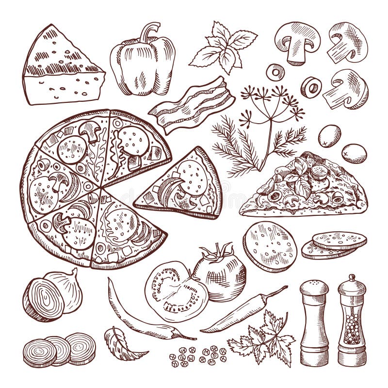 Italian pizza with different ingredients. Vector doodle set